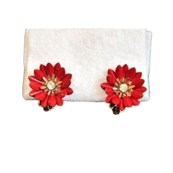 Vintage Coro Red Poppy Flower Rhinestone Clip On Statement Earrings 1960s - Picture 2 of 8